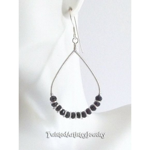 Black Crystals and Silver Wire Wrapped Teardrop Hoop Earrings Handmade - Picture 2 of 3